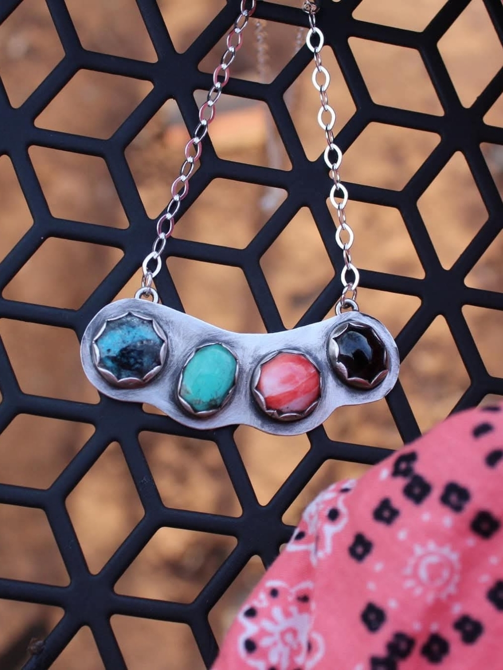 Multistone Sterling Silver Pendant Necklace Turquoise, Spiny Oyster And Onyx